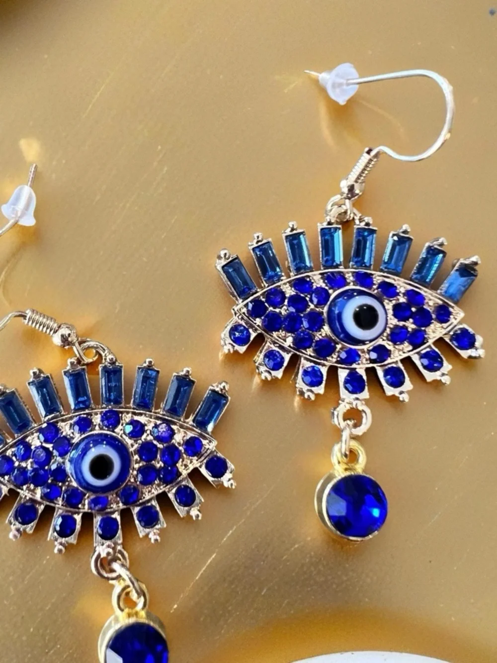 Gold-Tone Evil Eye Drop Earrings with Royal Blue Crystals - Women Jewelry